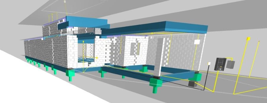 Modelo BIM residencial com eletrodutos e pontos elétricos representados em amarelo