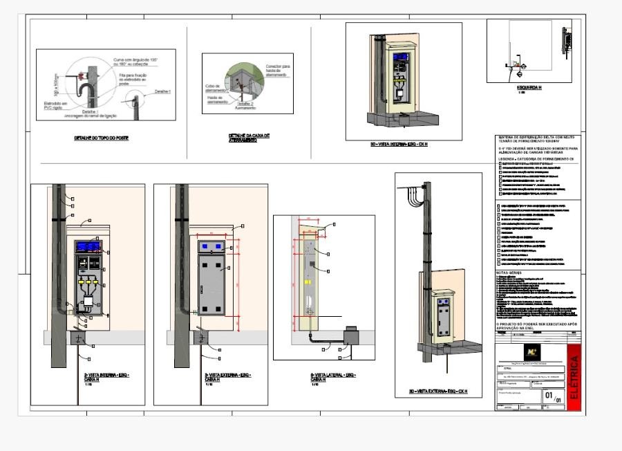 Prancha de projeto de entrada de energia com detalhamento e vistas 3D